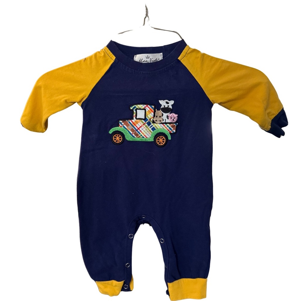 Marie Nicole Navy and Yellow Farm Truck Design Infant One Piece Size 3/6 Months